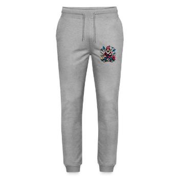 Colorful, grim garden gnome with flowers & tools - Stanley/Stella Mover Unisex Organic Jogging Trousers - heather grey - Front - Marisol (170cm) & Nik (191cm)