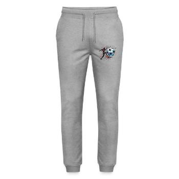 dynamischer Fußballspieler spielt Fußball - Stanley/Stella Unisex Bio Jogginghose Mover  - Grau meliert - Vorne - Marisol (170cm) & Nik (191cm)
