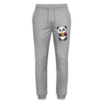Panda Cartoon holding a Pride Rainbow Heart - Stanley/Stella Mover Unisex Organic Jogging Trousers - heather grey - Front - Marisol (170cm) & Nik (191cm)