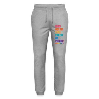 Mois de la fierté LGBTQ - Embrassez audacieusement, aimez librement - Pantalon de jogging bio MOVER Stanley/Stella unisexe - gris chiné - Devant - Marisol (170cm) & Nik (191cm)