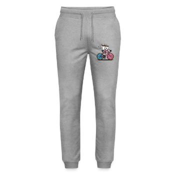 Becher mit einem Lächeln auf einem Donut-Fahrrad - Stanley/Stella Unisex Bio Jogginghose Mover  - Grau meliert - Vorne - Marisol (170cm) & Nik (191cm)