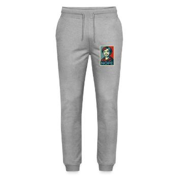 a girl and a  humorous NOPE poster message - Stanley/Stella Mover Unisex Organic Jogging Trousers - heather grey - Front - Marisol (170cm) & Nik (191cm)