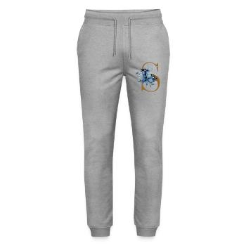 Blue floral motif on letter S - Stanley/Stella Mover Unisex Organic Jogging Trousers - heather grey - Front - Marisol (170cm) & Nik (191cm)
