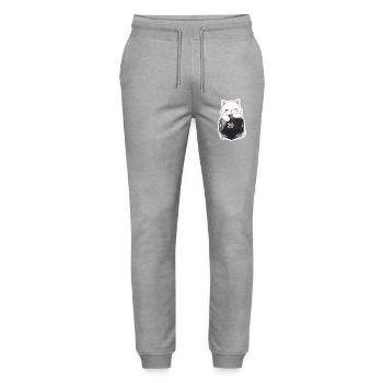 Chat endormi qui serre dans ses bras Cube W20 – Dessin animé - Pantalon de jogging bio MOVER Stanley/Stella unisexe - gris chiné - Devant - Marisol (170cm) & Nik (191cm)