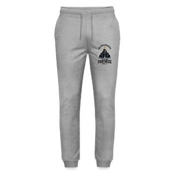 T-shirt de foi avec château, croix et verset biblique - Pantalon de jogging bio MOVER Stanley/Stella unisexe - gris chiné - Devant - Marisol (170cm) & Nik (191cm)