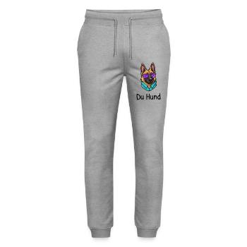 Shepherd dog with glasses says: You dog - Stanley/Stella Mover Unisex Organic Jogging Trousers - heather grey - Front - Marisol (170cm) & Nik (191cm)