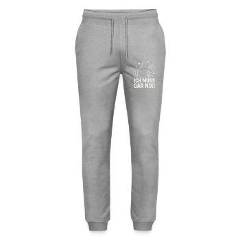lazy cat - statement saying - I don't have to do anything - Stanley/Stella Mover Unisex Organic Jogging Trousers - heather grey - Front - Marisol (170cm) & Nik (191cm)
