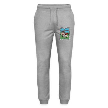 Bande dessinée Cow Hero « Une vache vole devant la fenêtre » - Pantalon de jogging bio MOVER Stanley/Stella unisexe - gris chiné - Devant - Marisol (170cm) & Nik (191cm)