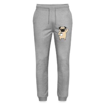 Carlin agacé avec un doigt d’honneur au café - Pantalon de jogging bio MOVER Stanley/Stella unisexe - gris chiné - Devant - Marisol (170cm) & Nik (191cm)