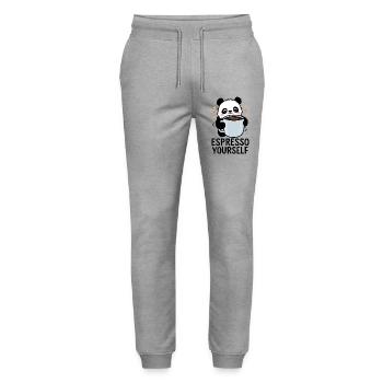 Espresso Yourself – Lustiges Panda-Kaffee Shirt - Stanley/Stella Unisex Bio Jogginghose Mover  - Grau meliert - Vorne - Marisol (170cm) & Nik (191cm)
