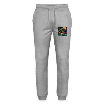 Pixel Art Krokodil – Retro Skater Synthwave - Stanley/Stella Unisex Bio Jogginghose Mover  - Grau meliert - Vorne - Marisol (170cm) & Nik (191cm)