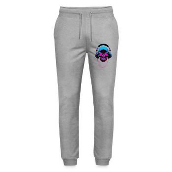 Neon Skull with Headphones - Stanley/Stella Mover Unisex Organic Jogging Trousers - heather grey - Front - Marisol (170cm) & Nik (191cm)