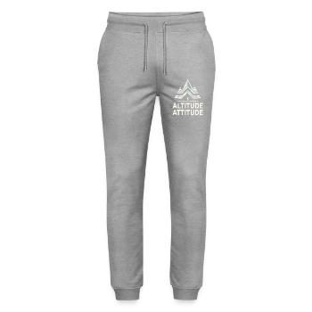HIGHER ALTITUDE Mountain Motif - Stanley/Stella Mover Unisex Organic Jogging Trousers - heather grey - Front - Marisol (170cm) & Nik (191cm)
