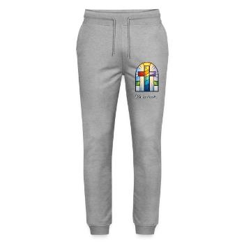 He Is Risen - Stanley/Stella Unisex Bio Jogginghose Mover  - Grau meliert - Vorne - Marisol (170cm) & Nik (191cm)