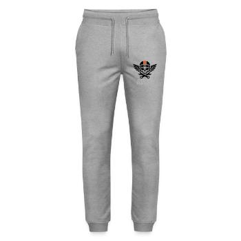 Dirty Hands Crew – Mechanic Skull - Stanley/Stella Mover Unisex Organic Jogging Trousers - heather grey - Front - Marisol (170cm) & Nik (191cm)