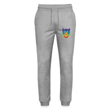 Neonblaues geometrisches Tigerkopf-Pop-Art - Stanley/Stella Unisex Bio Jogginghose Mover  - Grau meliert - Vorne - Marisol (170cm) & Nik (191cm)