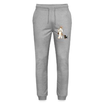 Stylish cat with dachshund during coffee walk - Stanley/Stella Mover Unisex Organic Jogging Trousers - heather grey - Front - Marisol (170cm) & Nik (191cm)
