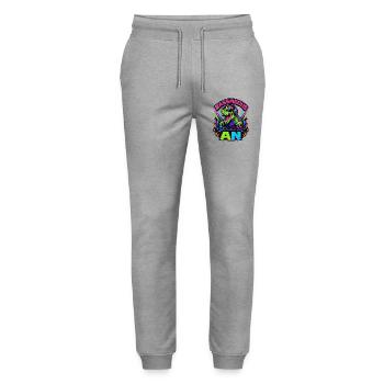 Bass mode on – Neon dinosaurs at the DJ booth - Stanley/Stella Mover Unisex Organic Jogging Trousers - heather grey - Front - Marisol (170cm) & Nik (191cm)