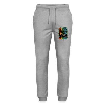 1990s Cassette Neon Splash - Stanley/Stella Mover Unisex Organic Jogging Trousers - heather grey - Front - Marisol (170cm) & Nik (191cm)