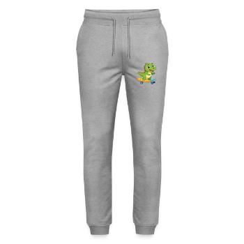 Petit dinosaure vert sur le skateboard – Skater Fun - Pantalon de jogging bio MOVER Stanley/Stella unisexe - gris chiné - Devant - Marisol (170cm) & Nik (191cm)