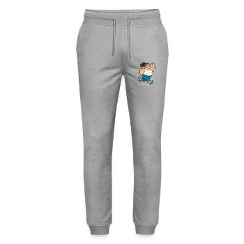 Korpulente Comic Frau beim Jogging Sport Spaß Shir - Stanley/Stella Unisex Bio Jogginghose Mover  - Grau meliert - Vorne - Marisol (170cm) & Nik (191cm)