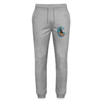 Schwarzer Kater surft auf Pizza Welle - Stanley/Stella Unisex Bio Jogginghose Mover  - Grau meliert - Vorne - Marisol (170cm) & Nik (191cm)