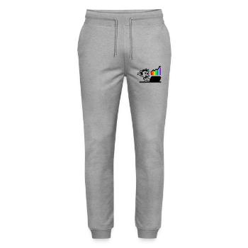 Tableau coloré fille ou femme heureuse sur ordinateur portable - Pantalon de jogging bio MOVER Stanley/Stella unisexe - gris chiné - Devant - Marisol (170cm) & Nik (191cm)