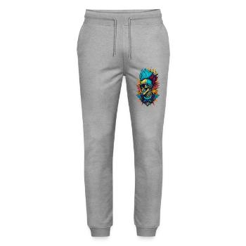 Crâne avec crâne iroquois aux cheveux colorés - Pantalon de jogging bio MOVER Stanley/Stella unisexe - gris chiné - Devant - Marisol (170cm) & Nik (191cm)