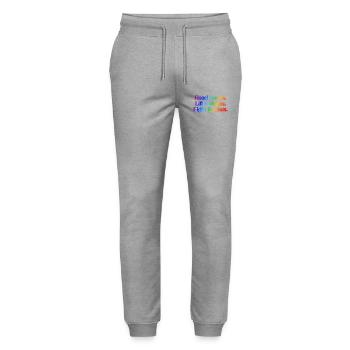 Read books. Lift weights. Fight fascists. - Stanley/Stella Mover Unisex Organic Jogging Trousers - heather grey - Front - Marisol (170cm) & Nik (191cm)