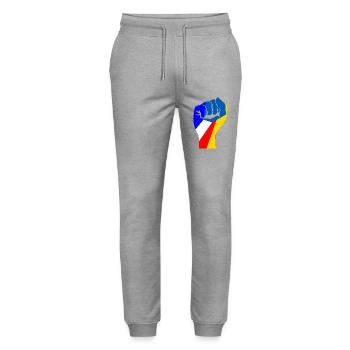 Ukrainian and French flag I support Ukraine - Stanley/Stella Mover Unisex Organic Jogging Trousers - heather grey - Front - Marisol (170cm) & Nik (191cm)