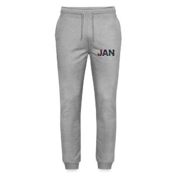 JAN - Beautiful boy name with dinosaur - Stanley/Stella Mover Unisex Organic Jogging Trousers - heather grey - Front - Marisol (170cm) & Nik (191cm)