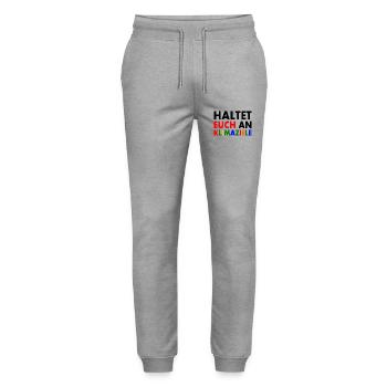 haltet euch an klimaziele - Stanley/Stella Unisex Bio Jogginghose Mover  - Grau meliert - Vorne - Marisol (170cm) & Nik (191cm)