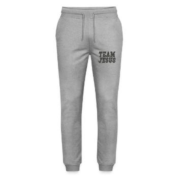 Équipe Jésus disant Religion cadeau - Pantalon de jogging bio MOVER Stanley/Stella unisexe - gris chiné - Devant - Marisol (170cm) & Nik (191cm)