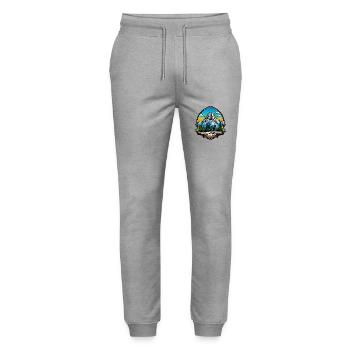 Mountains Symbol Hiking Shield - Stanley/Stella Mover Unisex Organic Jogging Trousers - heather grey - Front - Marisol (170cm) & Nik (191cm)