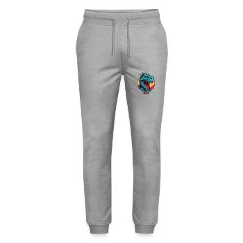 Mascotte de dinosaure Rex Dino - Pantalon de jogging bio MOVER Stanley/Stella unisexe - gris chiné - Devant - Marisol (170cm) & Nik (191cm)