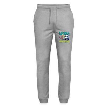 2nd Birthday Level Unlocked Gaming Panda - Stanley/Stella Mover Unisex Organic Jogging Trousers - heather grey - Front - Marisol (170cm) & Nik (191cm)