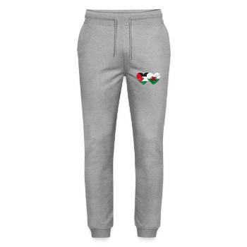 Palestine Wales flag heart used - Stanley/Stella Mover Unisex Organic Jogging Trousers - heather grey - Front - Marisol (170cm) & Nik (191cm)