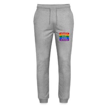Menschenrechte statt rechte Menschen Regenbogen - Stanley/Stella Unisex Bio Jogginghose Mover  - Grau meliert - Vorne - Marisol (170cm) & Nik (191cm)