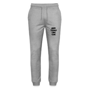 Good things take time - Stanley/Stella Mover Unisex Organic Jogging Trousers - heather grey - Front - Marisol (170cm) & Nik (191cm)