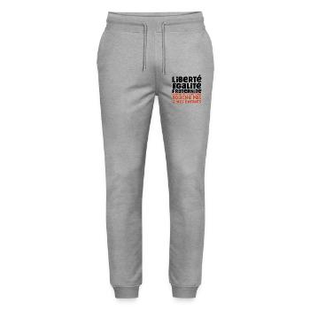 Liberté Egalite Fraternité non au passe Sanitaire - Pantalon de jogging bio MOVER Stanley/Stella unisexe - gris chiné - Devant - Marisol (170cm) & Nik (191cm)