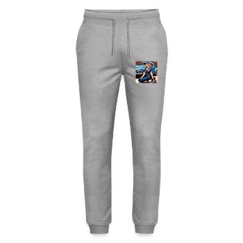 Pinup im Retrowagen Blau - Stanley/Stella Unisex Bio Jogginghose Mover  - Grau meliert - Vorne - Marisol (170cm) & Nik (191cm)
