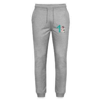 1 an - Inscription à l’école - Motif vache - Numéro 1 - Pantalon de jogging bio MOVER Stanley/Stella unisexe - gris chiné - Devant - Marisol (170cm) & Nik (191cm)
