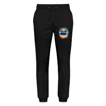 Beach More - Worry Less - Travel - Stanley/Stella Unisex Bio Jogginghose Mover  - Schwarz - Vorne - Marisol (170cm) & Nik (191cm)