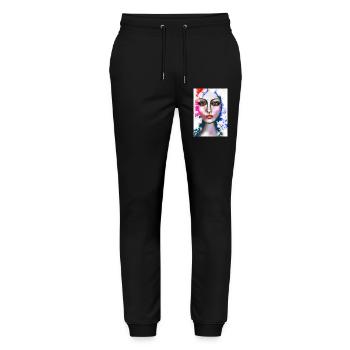 Ausdrucksstarke Wasserfarben-Porträtkunst - Stanley/Stella Unisex Bio Jogginghose Mover  - Schwarz - Vorne - Marisol (170cm) & Nik (191cm)