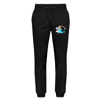Verspielter Golden Retriever reitet Hai unter Regenbogen - Stanley/Stella Unisex Bio Jogginghose Mover  - Schwarz - Vorne - Marisol (170cm) & Nik (191cm)