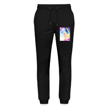 Weißer Wolf vor bunter Höhle - Stanley/Stella Unisex Bio Jogginghose Mover  - Schwarz - Vorne - Marisol (170cm) & Nik (191cm)