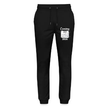 Baby Coming July 2026 Funny Baby Shower Gift - Stanley/Stella Mover Unisex Organic Jogging Trousers - black - Front - Marisol (170cm) & Nik (191cm)