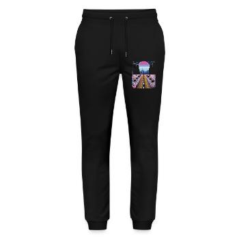 80er Retro Synthwave Vintage Streetwear - Stanley/Stella Unisex Bio Jogginghose Mover  - Schwarz - Vorne - Marisol (170cm) & Nik (191cm)