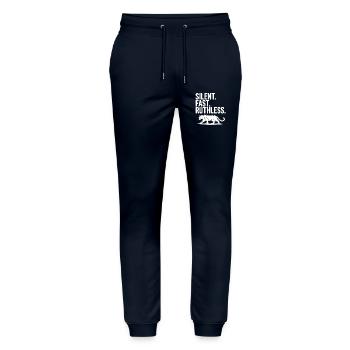 Silencieux. Vite. Impitoyable. - Pantalon de jogging bio MOVER Stanley/Stella unisexe - marine - Devant - Marisol (170cm) & Nik (191cm)