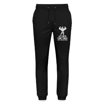 Kraft Cartoon Motif Lift More - Stanley/Stella Mover Unisex Organic Jogging Trousers - black - Front - Marisol (170cm) & Nik (191cm)